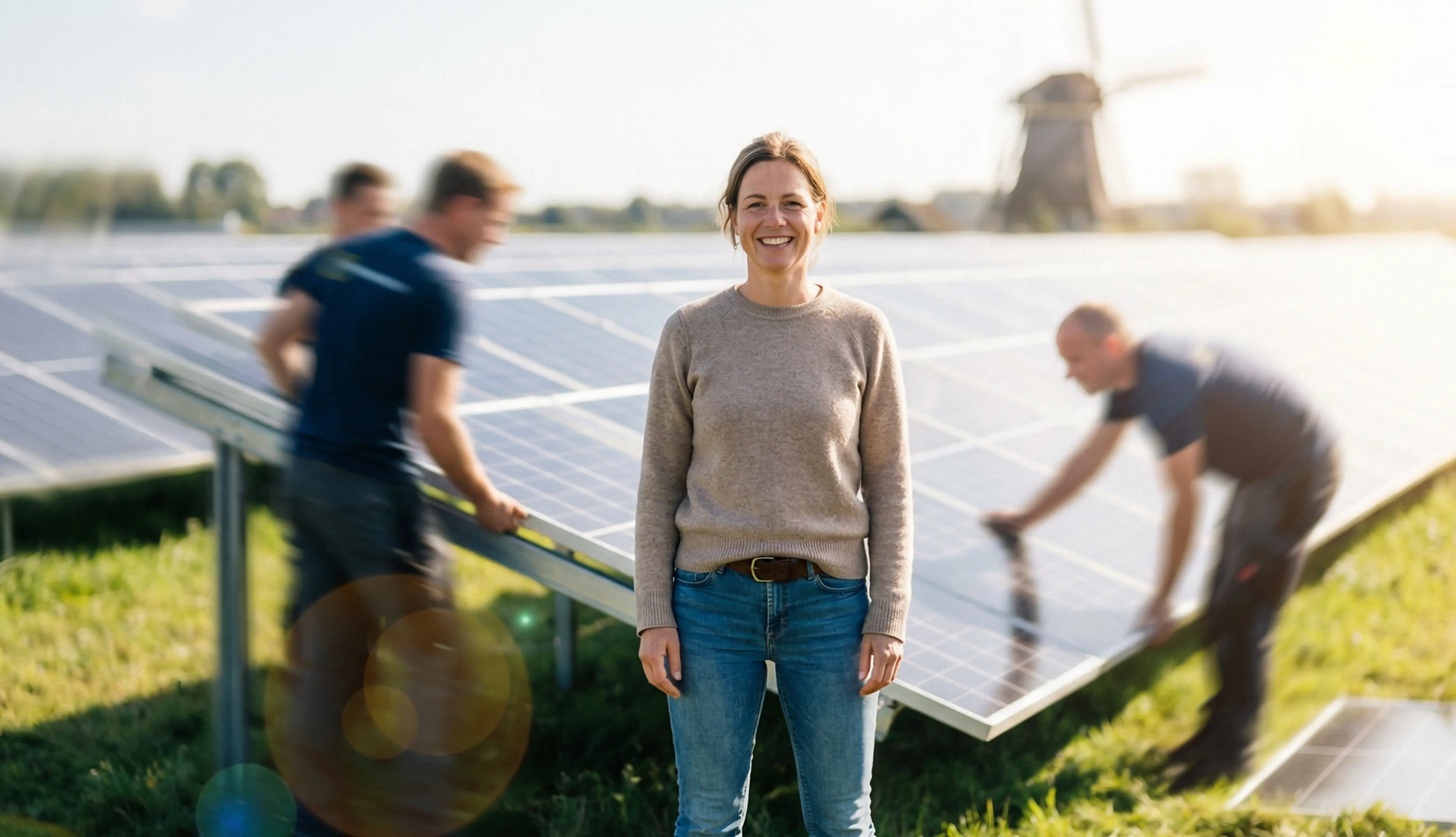 Vrouw in veld zonnepanelen